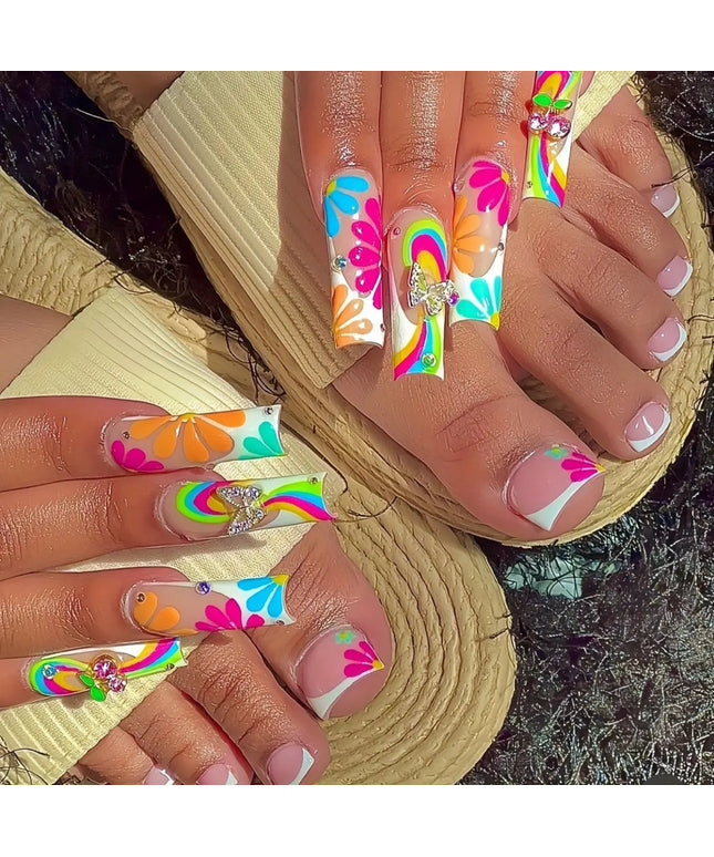 48pcs Sweet Summer Press on Nails Set Ins Beach Wearable French False Toenails Reusable Sweet Korean Flower Print Fake Nail Tips