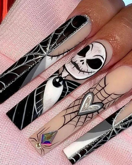 Scary Blood Skull Fake Nails Long Coffin Ballet Halloween Style False Nails 24pcs Wearable Press on Nail tips for Halloween Gift
