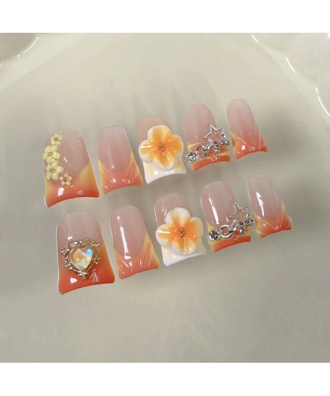 10pcs Handmade Press On Nail Gradient Vitality Orange French Style Fake Nails Y2k Star 3D Carving Flower Decor Summer False Nail