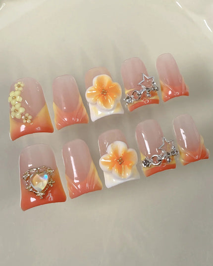 10pcs Handmade Press On Nail Gradient Vitality Orange French Style Fake Nails Y2k Star 3D Carving Flower Decor Summer False Nail