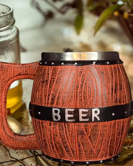 Stainless Steel Wooden Barrel-Shaped Beer Mug Large Capacity Bar Party Wine Utensils  Washable Reusable Beer Mug