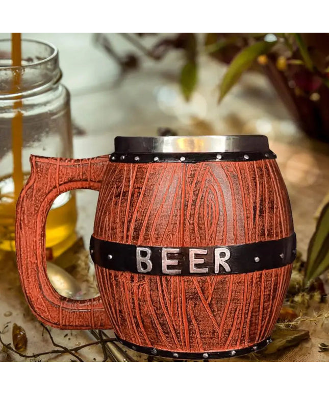 Stainless Steel Wooden Barrel-Shaped Beer Mug Large Capacity Bar Party Wine Utensils  Washable Reusable Beer Mug