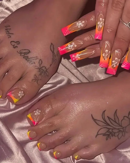 48pcs Sweet Summer Press on Nails Set Ins Beach Wearable French False Toenails Reusable Sweet Korean Flower Print Fake Nail Tips