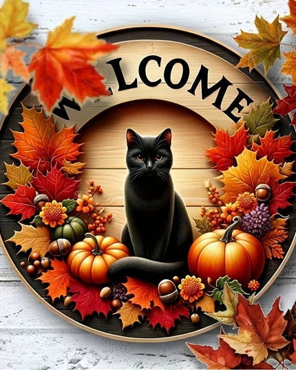 1pc 20cm Round Autumn Welcome Sign, Black Cat & Pumpkin Design, Fall - Themed Hanging Decor for Home Entrance