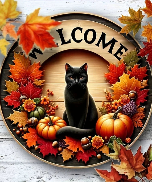 1pc 20cm Round Autumn Welcome Sign, Black Cat & Pumpkin Design, Fall - Themed Hanging Decor for Home Entrance