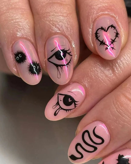 24Pcs Horror Comic Tomie Press on Nails Almond Glossy Black Japanese Anime Nails Reusable Halloween False Nail Tips for Girls
