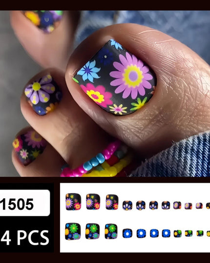 24pcs/set short square toe nails Colorful Flower summer fake nail tips glitter rhinestones floral press on false nail art kit