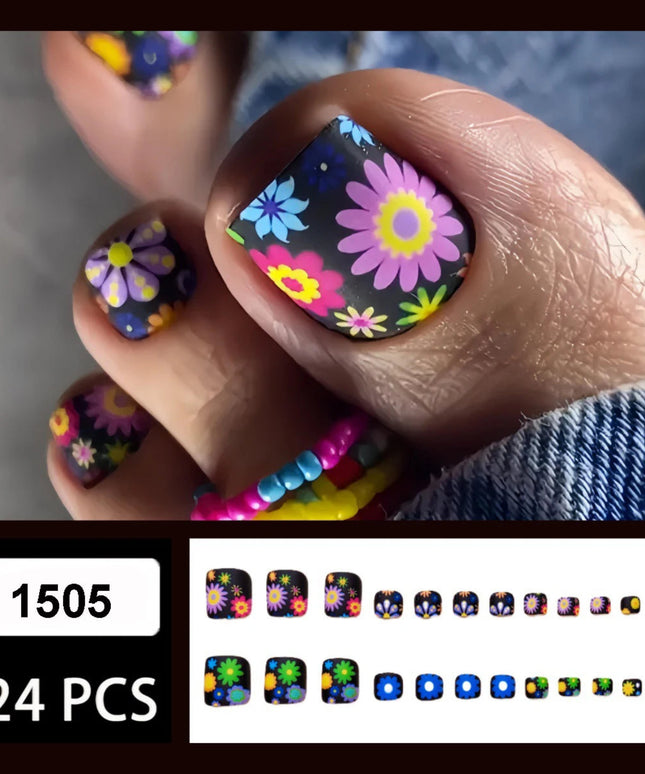 24pcs/set short square toe nails Colorful Flower summer fake nail tips glitter rhinestones floral press on false nail art kit