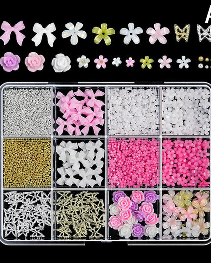 12 Grid Nail Resin Bowknot Bear Nails Art Charms Bowknots Heart Flower Kawaii Diy Decor Lollipop 3D Manicure Rhinestone Tools