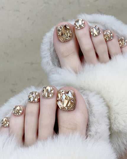 Nude Color False Toenail with Rhinestones Short Square Style Glossy False Nail with Glue for Women and Girl Party Activity