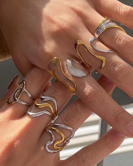 Gold Silver Color Matching Smooth Irregular Winding Open Ring 18K PVD Plated Women Anti Allergic Metal Charm Daily Jewelry