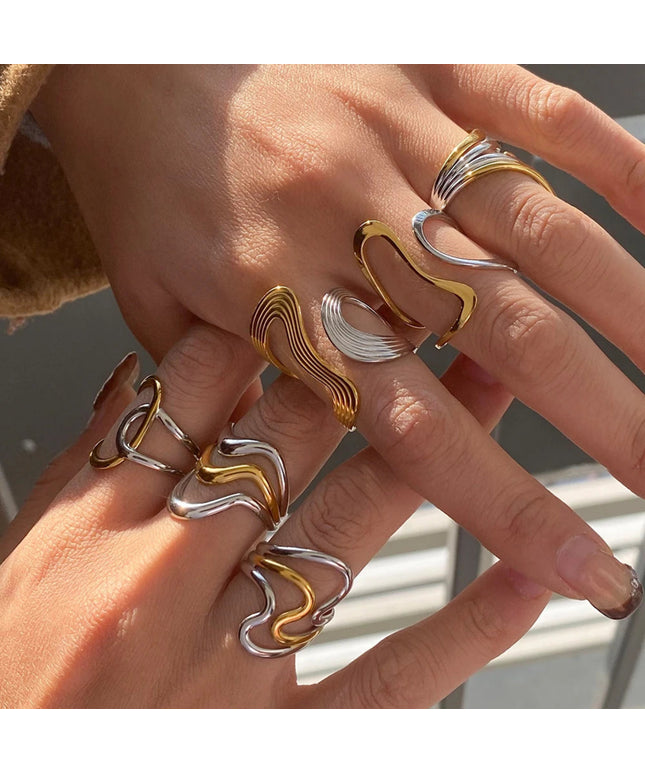 Gold Silver Color Matching Smooth Irregular Winding Open Ring 18K PVD Plated Women Anti Allergic Metal Charm Daily Jewelry