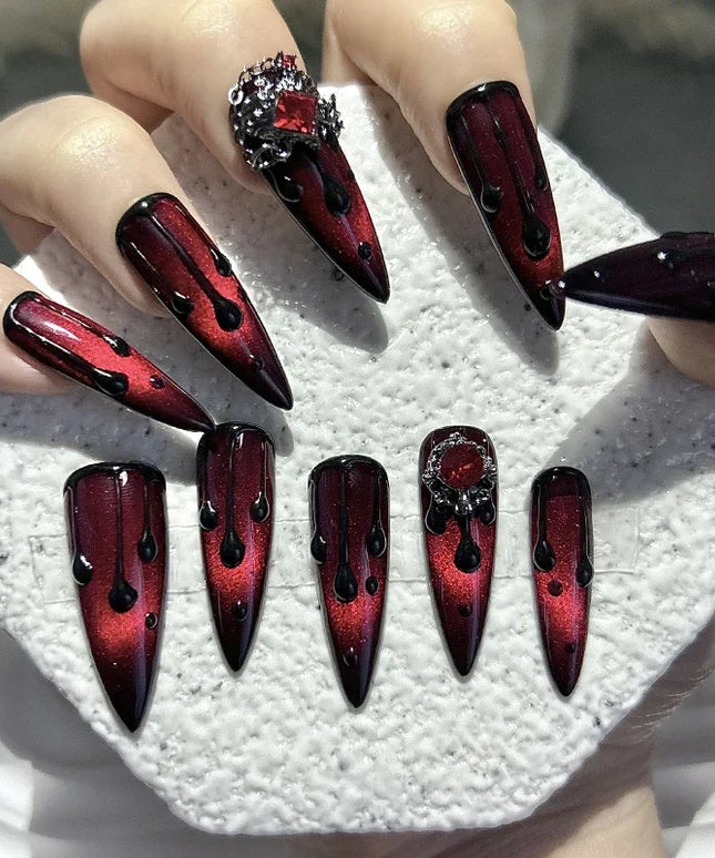 10PCS Dark Blood Red Spicy Girls Long Tip Handmade Press On Nails Red Diamonds Cat Eye Glitter Fake Nails Luxury Chains Nail Art