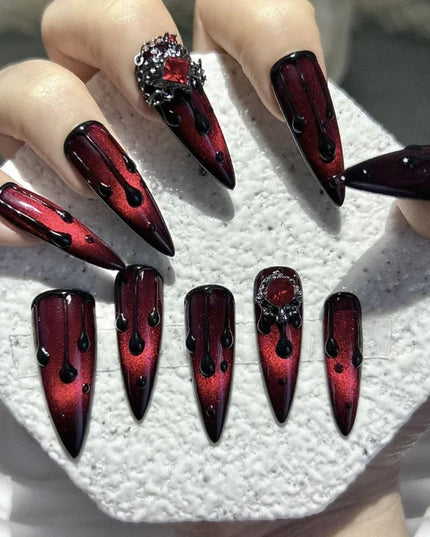 10PCS Dark Blood Red Spicy Girls Long Tip Handmade Press On Nails Red Diamonds Cat Eye Glitter Fake Nails Luxury Chains Nail Art