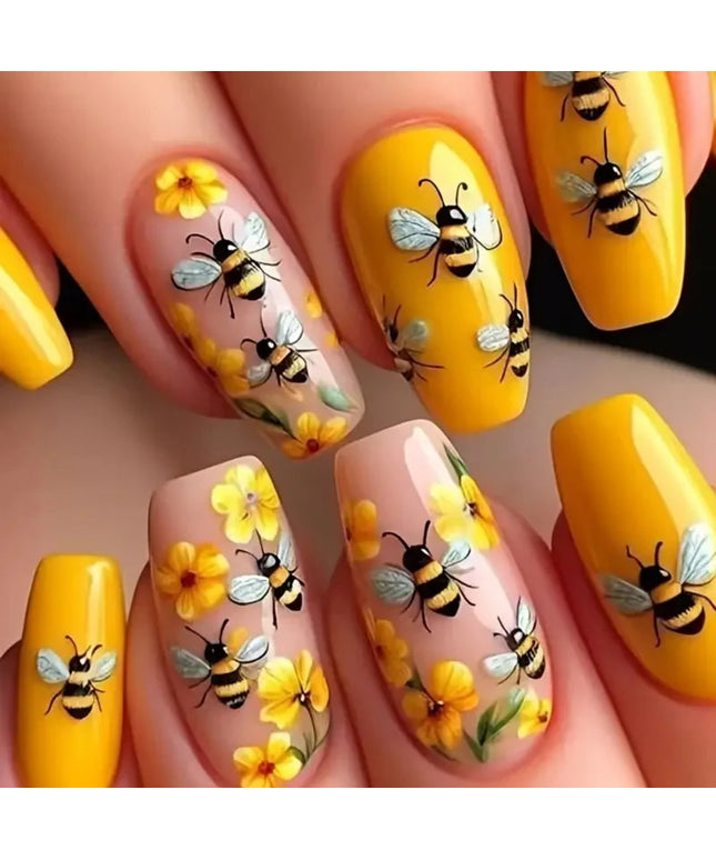 24pcs/set Medium long fake nails for women Spring summer flowers butterfly bee design faux ongles tips press on false nail art