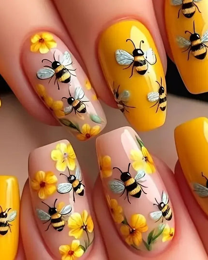 24pcs/set Medium long fake nails for women Spring summer flowers butterfly bee design faux ongles tips press on false nail art