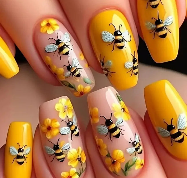 24pcs/set Medium long fake nails for women Spring summer flowers butterfly bee design faux ongles tips press on false nail art