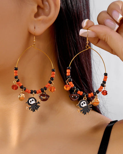 Halloween Cat Pumpkin Ghost Dangle Earrings for Women Fashion Crystal Beaded Round Circle Hoop Earrings Halloween Party Jewelry