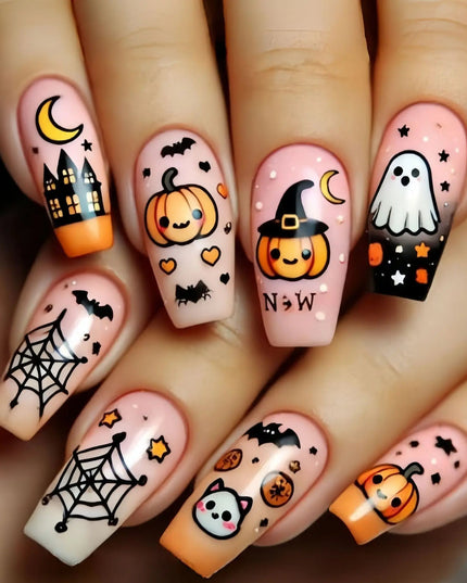 24PCS Halloween Medium Square False Nails with Glue Pumpkin Spider Web Patterns French Press on Nails Full Cover Wearable Nails