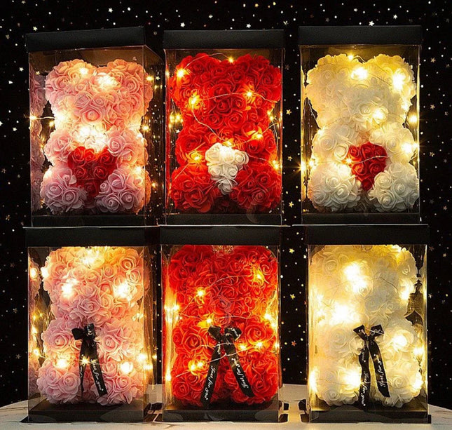 25cm Artificial Teddy Rose Flower Bear with Box Romantic Valentines Day Gift Girlfriend Women Anniversary Wedding Party Supplies