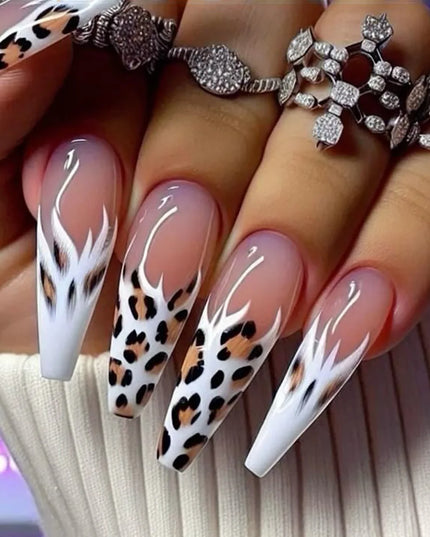 Medium long fake nails for women girls Y2K colorful gradient leopard print Pink green coffee coffin tips press on false nail set