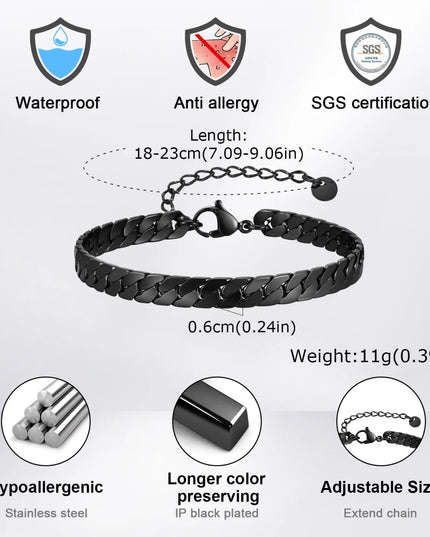 Vnox Gothic Black Cuban Chain Bracelets for Men, Stainless Steel Flat Miami Curb Links Wristband, Simple Metal Jewelry