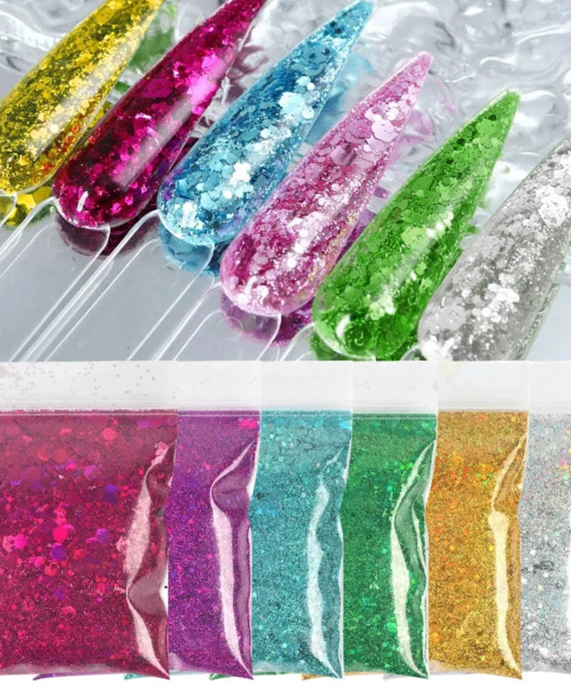 10 Colors 20g Holographic Nail Glitter Laser Color Nails Art Flakes Mixed Size Hexagon Sequin Nail Powder Nail Art Decoration