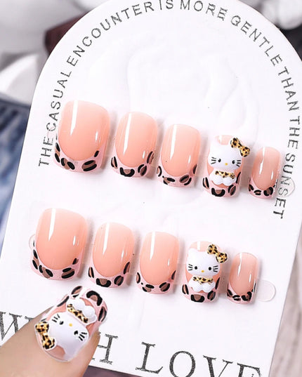 24Pcs Pink French Leopard Hello Kitty False nails 3D Y2k Star Heart Kitty Cat Rhinestones Press On Nails Cute Cartoon Fake Nails