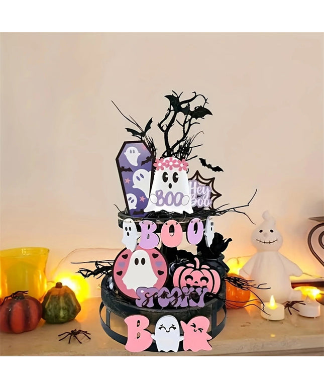 Halloween Party Decor Set with 14pcs Cute Ghost Pumpkin Wooden Signs Ornaments for Home Table Tiered Tray Supplies