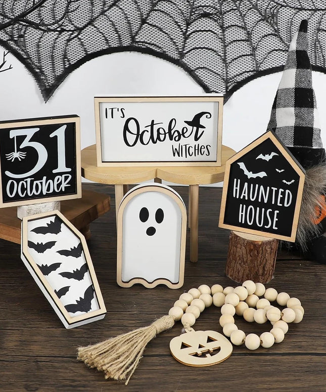 6Pcs Bat Coffin Haunted House Ghost Cute Wooden Sign Ghost Halloween Theme Party Home Decor Tiered Tray Halloween Bat Ornament