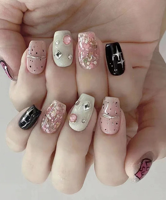 Black Y2K Press on Nails Long Coffin Pink Fake Nails with Diamond Designs Gradient Color Wearable False Nail for Women 2025 New