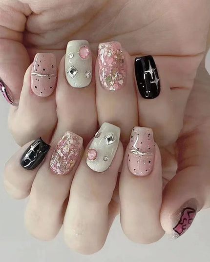 Black Y2K Press on Nails Long Coffin Pink Fake Nails with Diamond Designs Gradient Color Wearable False Nail for Women 2025 New