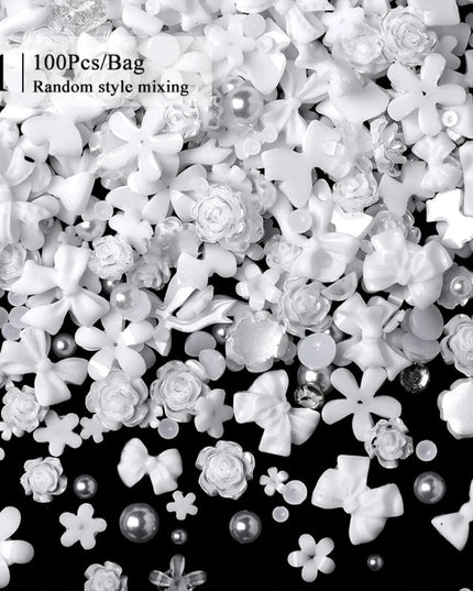 100/200pcs 3D Mixed Nail Decorations Kawaii Heart Flower Bear Pearl Design Rhinestone Nail Art Charms Jewelry Manicure Accessory
