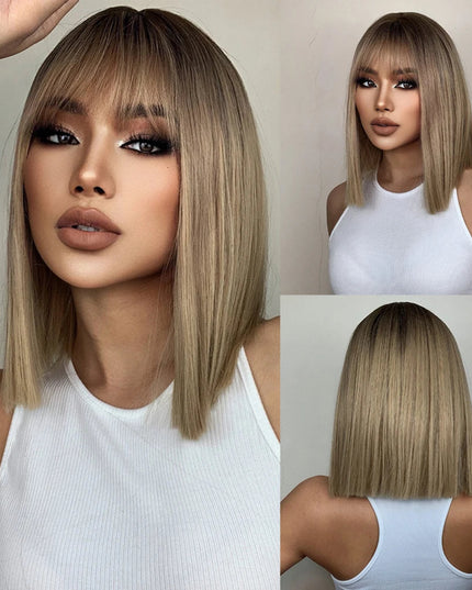 White Blonde Gray Synthetic Wigs with Bangs Short Straight Bob Hair Wig for Women Cosplay Daily Natural Hair Heat Resistant