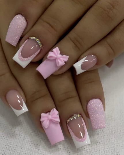 24Pcs Pink French Style Fake Nails 3D Bowknot Designs Short Square Press on Nails Sweet Korean Fashion False Nail for Women Girl