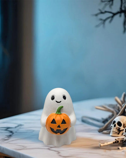Spooky Halloween Resin Figurines Set Mini Witch Black Cat Pumpkin Ghost Collectibles Haunted House Decorations