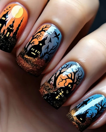 24PCS Halloween Medium Square False Nails with Glue Pumpkin Spider Web Patterns French Press on Nails Full Cover Wearable Nails
