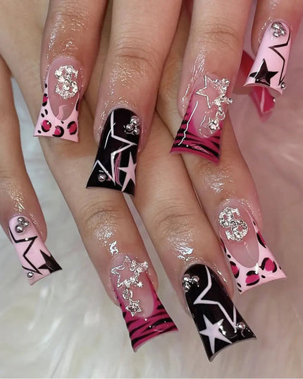 Rose Pink Long Coffin Fake Nails French Style Leopard Star Printed Press on Nails Y2K Girls Charms Manicure Black False Nails