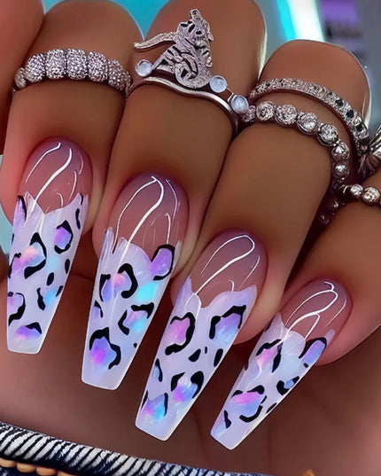 Medium long fake nails for women girls Y2K colorful gradient leopard print Pink green coffee coffin tips press on false nail set