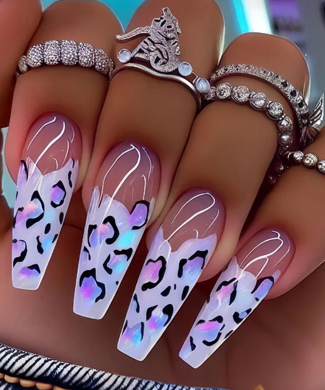 Medium long fake nails for women girls Y2K colorful gradient leopard print Pink green coffee coffin tips press on false nail set