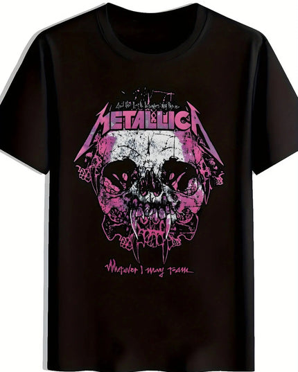 Men's Rock Band Graphic T Shirt Metallic Maiden Inspired Black Short Sleeve Crew Neck Summer Tee with Bold Skull Lightning