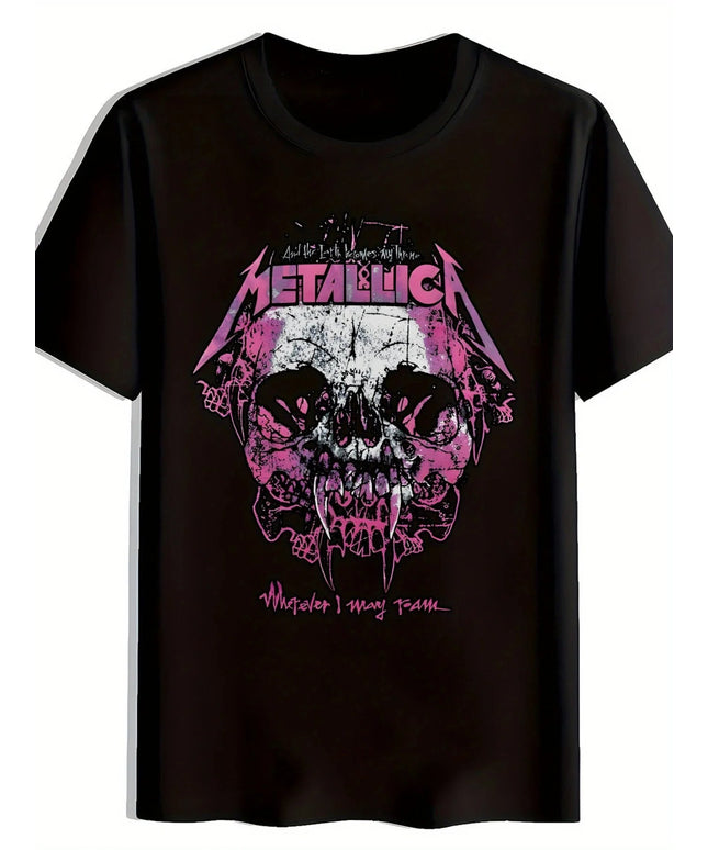 Men's Rock Band Graphic T Shirt Metallic Maiden Inspired Black Short Sleeve Crew Neck Summer Tee with Bold Skull Lightning
