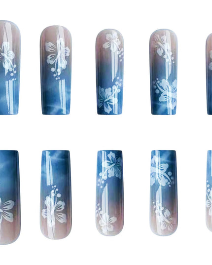 24pcs Y2k Summer Sea Blue Gradient Fake Nails With Water Ripples Designs Long Square Coffin False Nails Set Press On Nail Tips