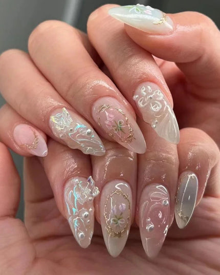 24pcs Almond False Nails Tips Summer Beach Colorful Nails Sets with Pearl Flower Design Press on Nails Art Wearable Fake Nail