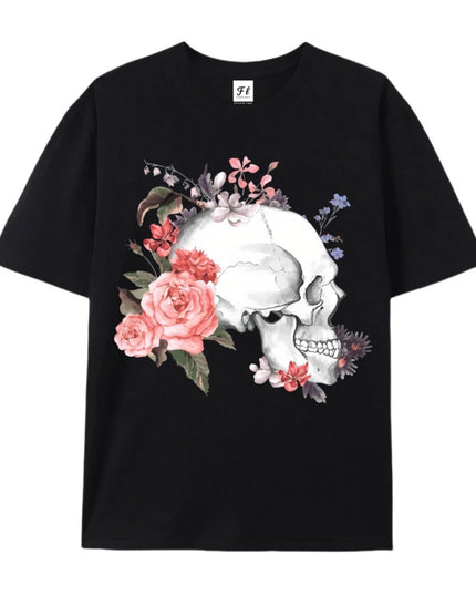 Skull And Flower Summer Print T-shirt Cotton Graphic Tees Y2k Street Wear Men Clothing New Cartoon Short Sleeve