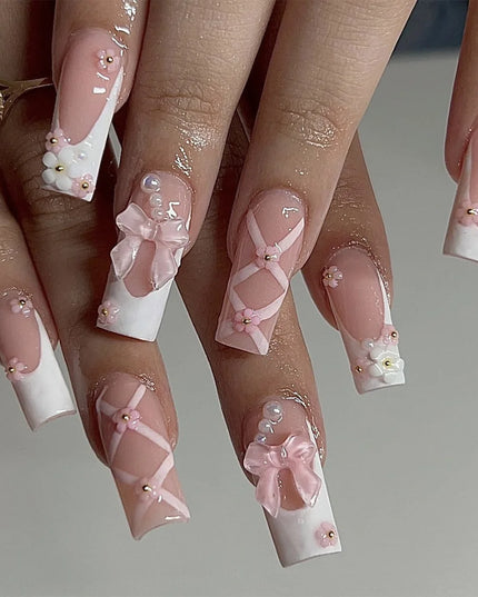 24pcs White French Chrome Press on Nails Medium Coffin Fake Nails Glitter Diamond Pearls False Nails Pink Bowknot Heart Nail Art