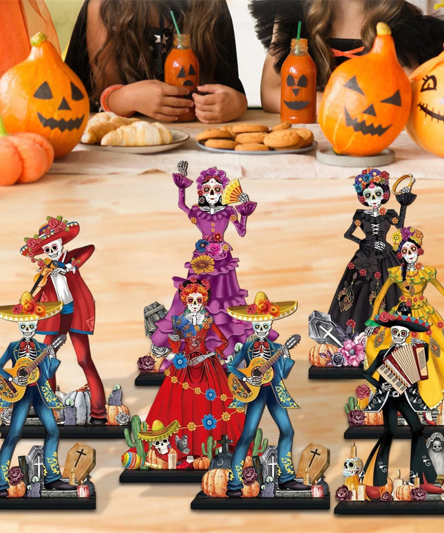 Colorful Day of the Dead Skeleton Decorations 8 Piece Set for Spooky Home and Desktop Centerpiece with Wooden Flowers