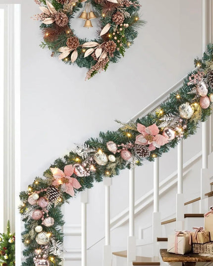 Christmas Garland with Lights, 6ft Pre Lit Outdoor Xmas Garland with Timer 20 LED Lights Pinecones Rose Gold Ball Ornaments