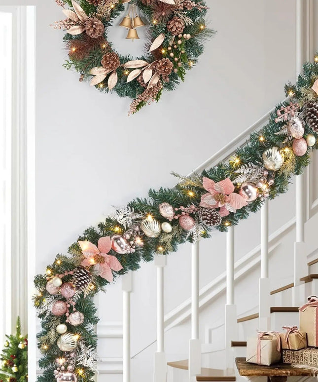 Christmas Garland with Lights, 6ft Pre Lit Outdoor Xmas Garland with Timer 20 LED Lights Pinecones Rose Gold Ball Ornaments