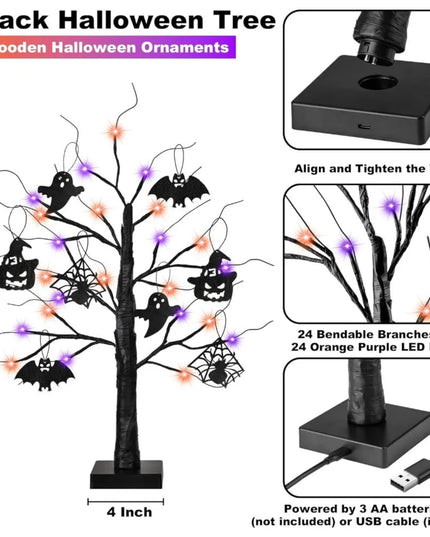 Halloween Decorations Indoor 2 Pack 24 Inch Black Halloween Tree with 24 LED Orange Purple Lights, USB/Battery Operated Hallowee